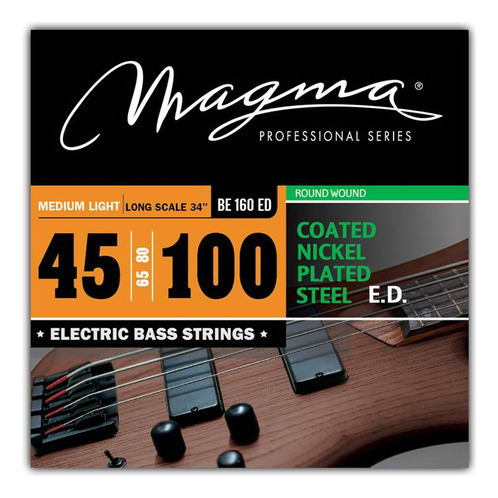 Set Cuerdas Bajo Electrico Magma Medium Light - COATED Nickel Plated Steel Round Wound - Escala Larga 34" Set, .045 - .100 (BE160ED) 1 Set